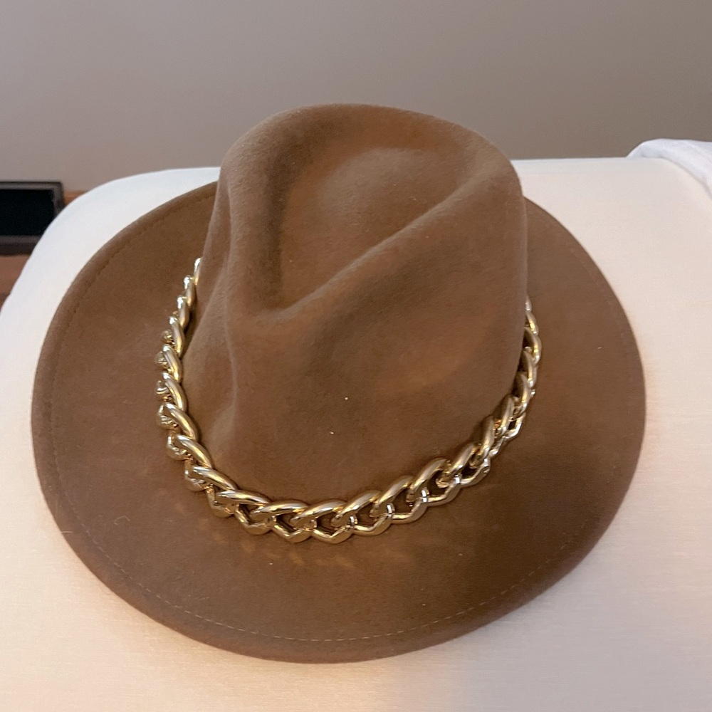 Flat brim brown hat with gold detail